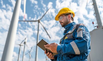 Engineer wearing a helmet and uniform, using a tablet near wind turbines with a cloudy sky in the background.