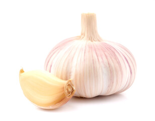 Fresh garlic bulb and clove against white backdrop