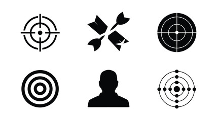 A set of six black and white icons including targets, broken darts, and a human silhouette figure