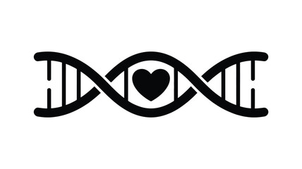A black dna strand with a heart in the middle on a white background in a simple and clean style