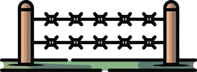 A simple illustration of a barbed wire fence with two wooden posts and a green base line design