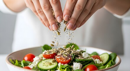 Close up of a person adding healthy seeds to a fresh salad bowl.