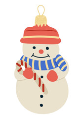 Cute snowman toy with a red hat, blue scarf and candy cane in hand. Holiday illustration representing Christmas joy and winter decoration