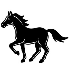 Minimilist silhouette of a black horse with a flowing mane and tail in a prancing pose on a white background vector