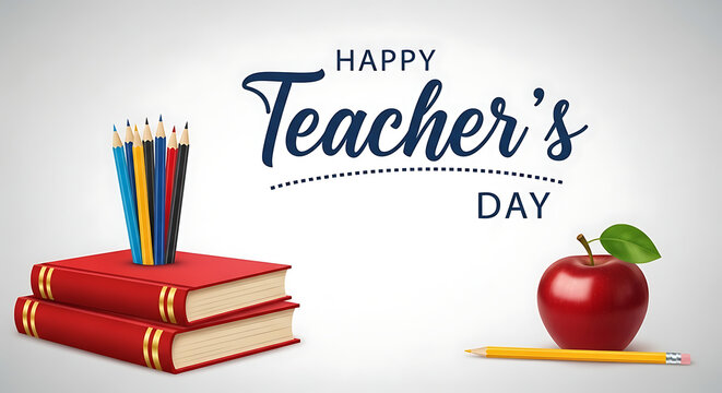 Happy Teachers Day celebration with books pencils and a ripe red apple