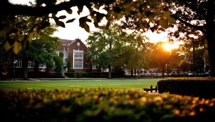 Sunny campus scene with brick building