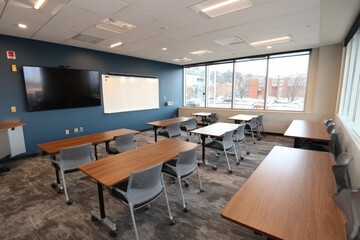 Modern classroom with light-wood tables and gray chairs,  facing windows