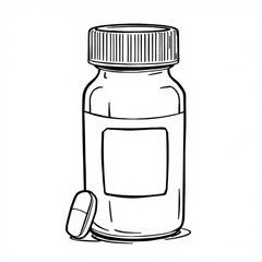 Minimilist illustration of a medicine bottle with a ribbed cap and a blank label next to a single capsule pill vector