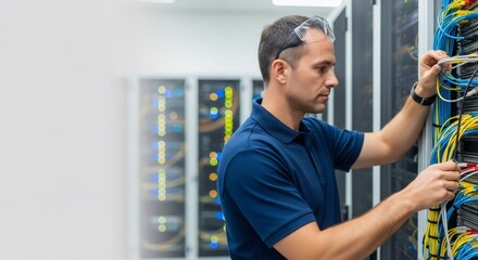 Male IT technician connecting network cables. Server room equipment maintenance. Data center management for internet service.