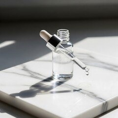 Clear glass dropper bottle filled with transparent serum on a marble surface with sunlight shadows