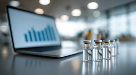 Scientific laboratory displays sample vials alongside laptop showing research data and analysis.
