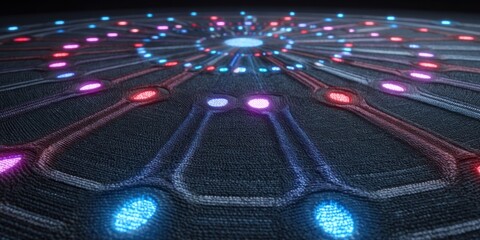 A close-up shot reveals a futuristic, circular surface embedded with numerous glowing LED lights arranged in a radial pattern. The surface has a textured, almost embossed design with a dark, 