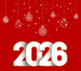 Happy New Year 2026 with balls on red background.