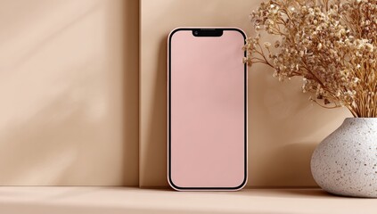 Minimalist smartphone mockup, featuring a light pink phone with a blank screen, displayed against a beige backdrop
