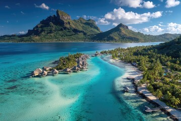 Fototapeta premium Aerial view of tropical island resort with turquoise water and mountains
