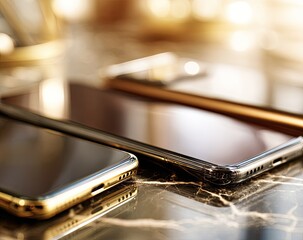 Two luxury smartphones, gold and dark, on marble