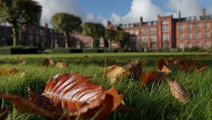 Autumnal leaf on grassy lawn before brick buildings