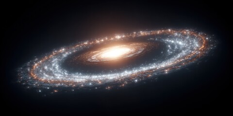 A stunning, digitally rendered depiction of the Milky Way galaxy dominates the image. The galaxy appears as a luminous, flattened disk, radiating a warm, golden glow. A prominent