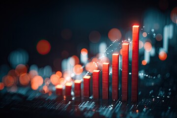 Red bar graph rising against dark background