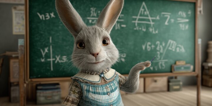 A digitally rendered rabbit, dressed as a teacher, stands before a chalkboard filled with complex mathematical equations. The rabbit, with a gentle expression and a pointed ear, 