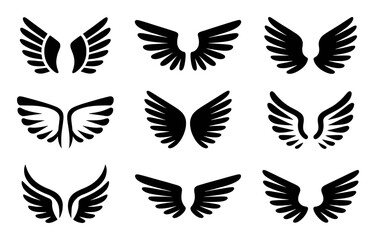 Collection of Nine Black Angel Wing Icons on White Background