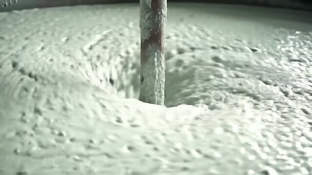 Close Up Production of Lime Slurry in a Large Scale Mixing Tower Showcasing Active Stirring and Fluid Dynamics Perfect for Illustrating Industrial Water Treatment Processes