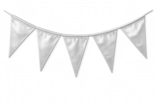 White triangular party pennants strung together, hanging delicately against transparent background, creating festive decorative element - Powered by Adobe