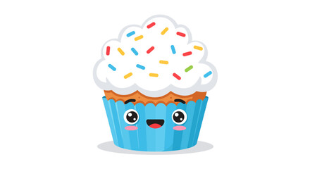 Cute happy blue cupcake with white frosting and colorful sprinkles and a cheerful face
