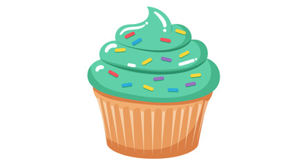 A delicious teal frosted cupcake with colorful sprinkles and a fluted paper liner