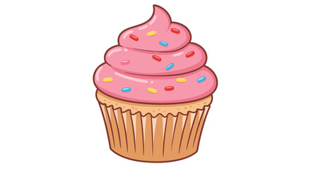 A delicious pink frosted cupcake with colorful sprinkles in a brown wrapper on a white background