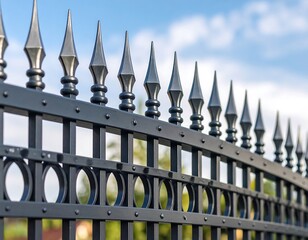 Close-up of a black metal fence with ornate top