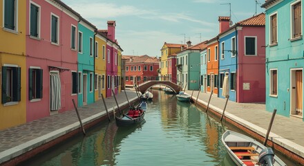 Obraz premium Colorful buildings along canal waterway