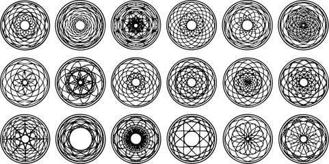 A collection of intricate, circular, symmetrical, black and white graphic designs.