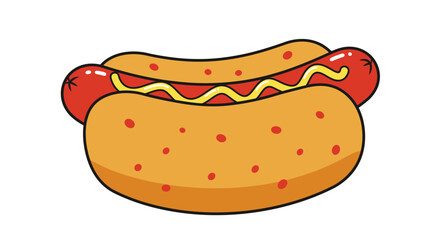 Delicious cartoon hot dog with mustard in a sesame seed bun isolated on a white background