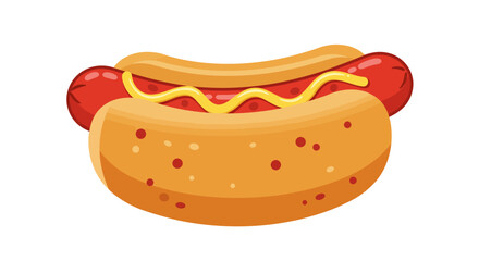 Deliciously illustrated hot dog with mustard on a sesame seed bun isolated on a white background