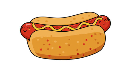 Cute cartoon hot dog with smiling face and mustard drizzle on a white background