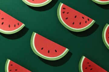 Paper watermelon slices arranged in a repeating pattern on a deep green background