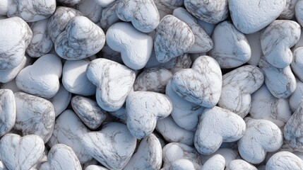 Close-up of many heart-shaped, light-blue & gray stones