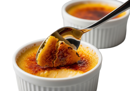 Elegant silver dessert spoon cracking caramelized crème brûlée, creamy custard revealed. Blurred dessert, transparent, soft studio light, extreme macro food concept.