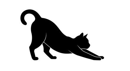 Black cat silhouette stretching with its tail curled up in a playful pose on a white background