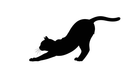 Black cat silhouette stretching gracefully with its back arched and tail raised in a playful pose