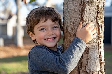 Portrait of a young child surrounded by nature and sunlight patterns on a happy child day generative ai