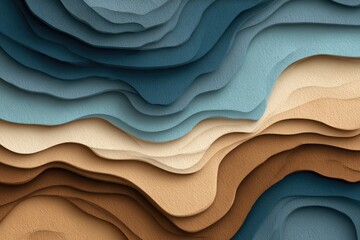 Abstract layered, wavy, layered design in muted blue, beige, and brown tones