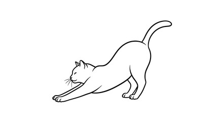 Simple black and white line drawing of a domestic cat stretching its body and arching its back