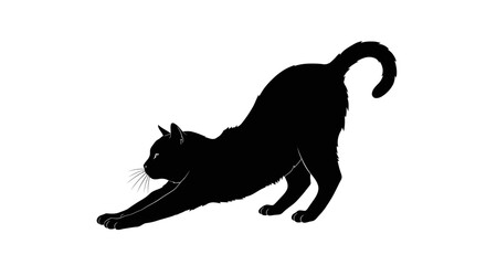 Silhouette of a black cat stretching its body with its front paws extended forward on a white background