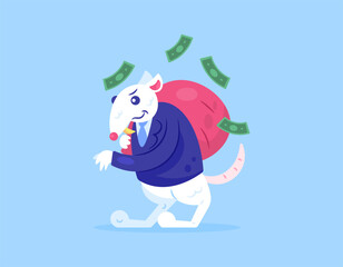 a concept of corruption. criminal. embezzling state funds. illustration of a rat wearing a tie stealing a sack of money. flat style design. blue background