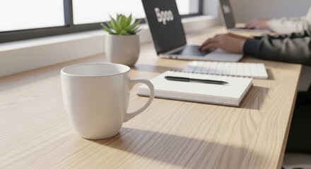Desk setup with a coffee mug, notebook, pen, and person typing on a laptop, bright natural light