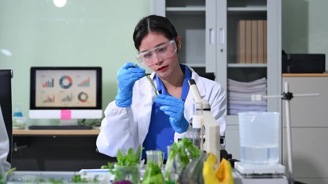 Food science as lab scientists test and analyze vegetables for safety and quality using advanced technology and precise equipment. in lap