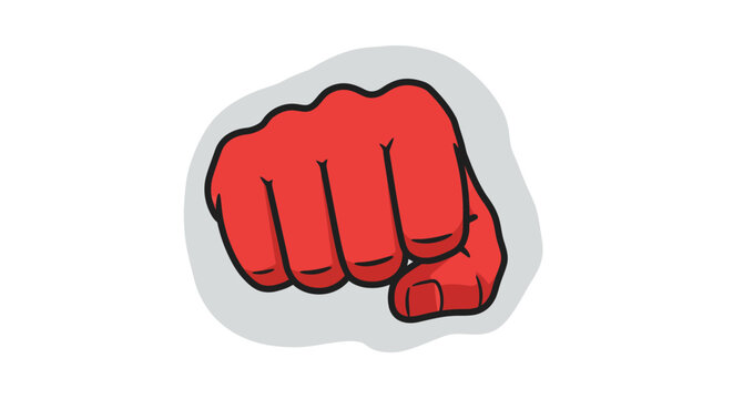A bold red fist punching forward with a white outline against a light grey background