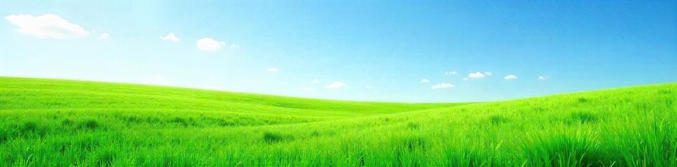 Obraz premium Lush, vibrant green grass field stretching to the horizon under a clear blue sky Perfect for nature, spring, or environmental themes Ideal for website backgrounds or print projects , botany, flora